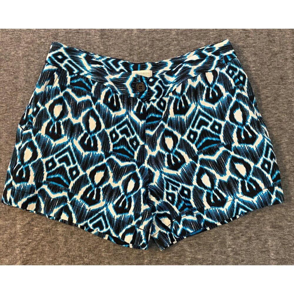 Madison Womens Blue & Black Geometric Pattern Shorts‎ Size 6 Linen Blend Pockets